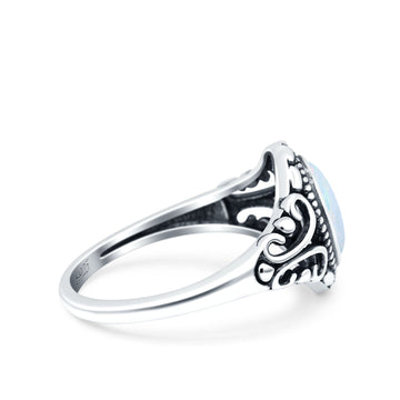 Petite Dainty Vintage Style Oval Ring Solid Lab Created White Opal 925 Sterling Silver